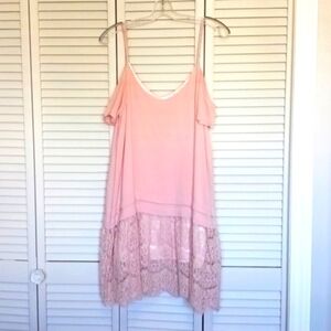 Elodie Blush Pink Prairie Boho Cottagecore Drop Waist Lace Hem Dress, Size L